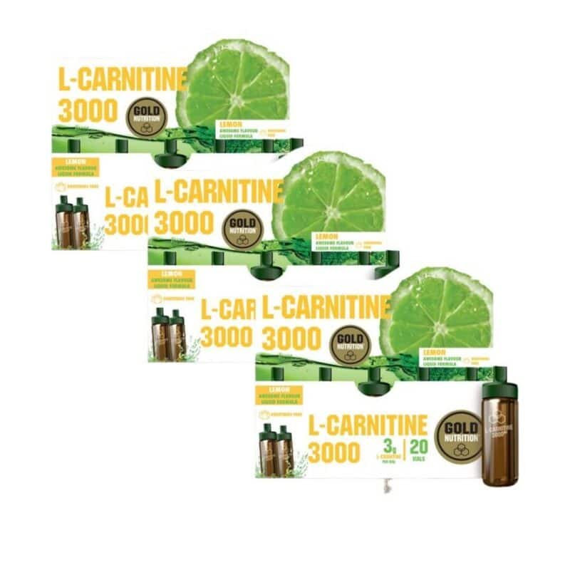 L-Carnitina 3000 mg Gold Nutrition sabor limão pack 3 x 20 ampolas suplemento líquido para energia desempenho físico e apoio ao metabolismo das gorduras
