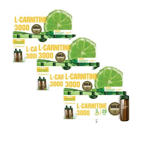 L-Carnitina 3000 mg Gold Nutrition sabor limão pack 3 x 20 ampolas suplemento líquido para energia desempenho físico e apoio ao metabolismo das gorduras

