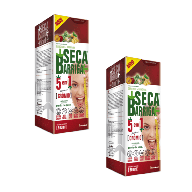 Seca Barriga 5 em 1 Pack 2 x 500ml Fharmonat, suplemento alimentar líquido com gengibre, cavalinha, centelha asiática, alcachofra, garcinia, vitamina C, selénio e crómio.
