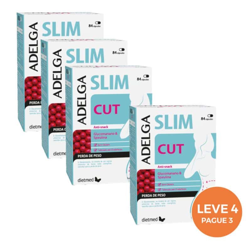 Adelgaslim Cut 84 Cápsulas Dietmed Leve 4 Pague 3, suplemento com glucomanano, spirulina, cáscara sagrada e crómio para controlo de apetite e metabolismo dos macronutrientes.
