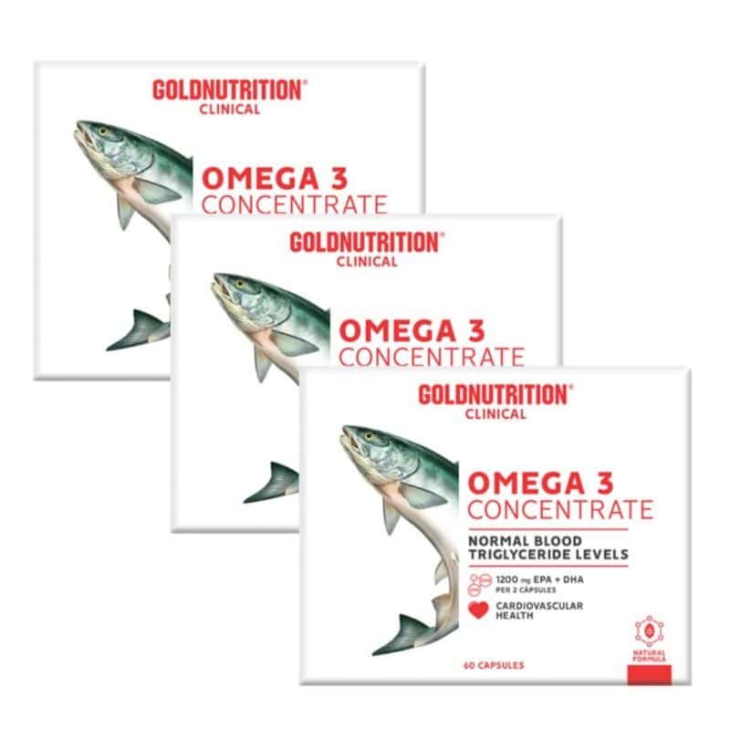 Omega 3 Concentrate Gold Nutrition pack 3 x 60 cápsulas suplemento de óleo de peixe rico em EPA e DHA para apoio cardiovascular e equilíbrio dos triglicéridos
