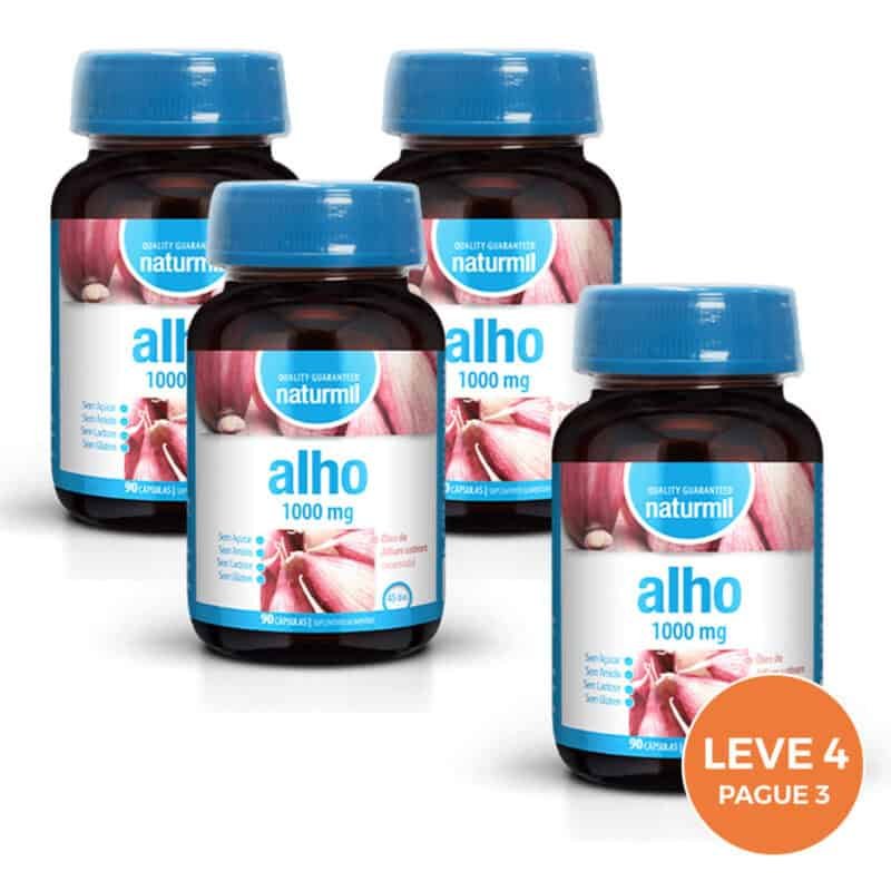 Alho 1000mg Cápsulas Naturmil Leve 4 Pague 3, suplemento com óleo de alho Allium sativum para apoio à rotina de bem-estar cardiovascular.
