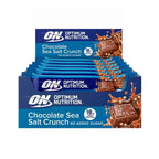 Barra de Proteína Crocante Chocolate e Sal Marinho 12 x 55gr Optimum Nutrition, snack proteico com cobertura de chocolate ao leite, crocante e sal marinho.
