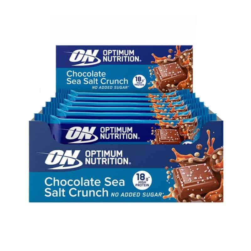 Barra de Proteína Crocante Chocolate e Sal Marinho 12 x 55gr Optimum Nutrition, snack proteico com cobertura de chocolate ao leite, crocante e sal marinho.

