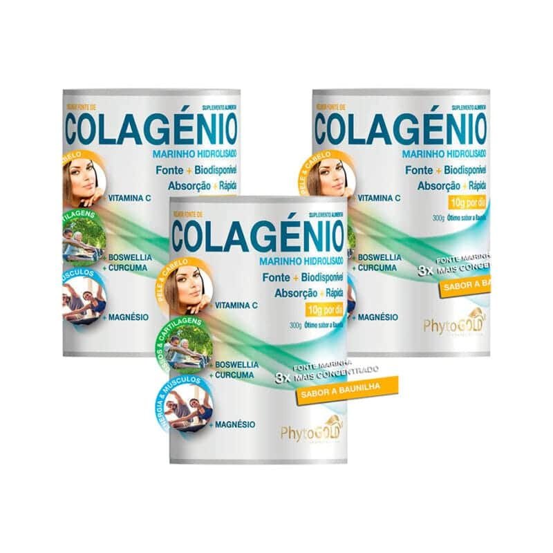 Colagénio Marinho Hidrolisado Pack 3 x 300g PhytoGold, suplemento alimentar em pó com sabor a baunilha.
