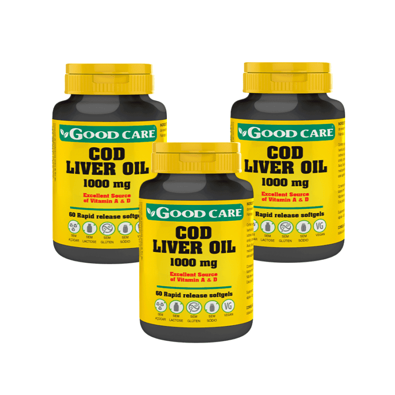 Óleo de Fígado de Bacalhau 1000 mg Good Care pack com 3 embalagens de 60 cápsulas moles suplemento alimentar
