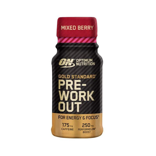 Gold Standard Pre-Workout Shot Mix de Bagas 12 x 60ml Optimum Nutrition, shot pré-treino com cafeína, citrulina, beta-alanina e vitaminas B6 e B12.