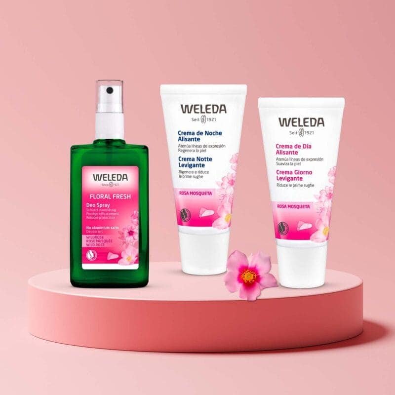Pack Rosto + Desodorizante de Rosa Mosqueta Weleda com produtos de cuidado facial e desodorizante natural à base de rosa mosqueta.
