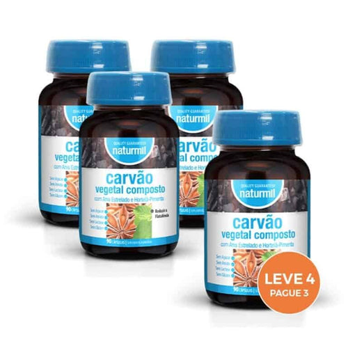 Naturmil Compuesto de Carbón Activado, compra 4 y llévate 3 gratis, con 90 cápsulas por paquete.
