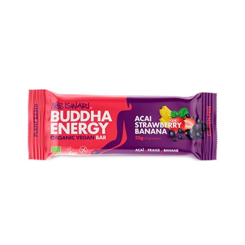 Buddha Energy Bar Açaí Morango Banana Pack 15 x 35gr Iswari, barras energéticas biológicas, vegan e sem glúten com frutos secos, sementes e fruta.
