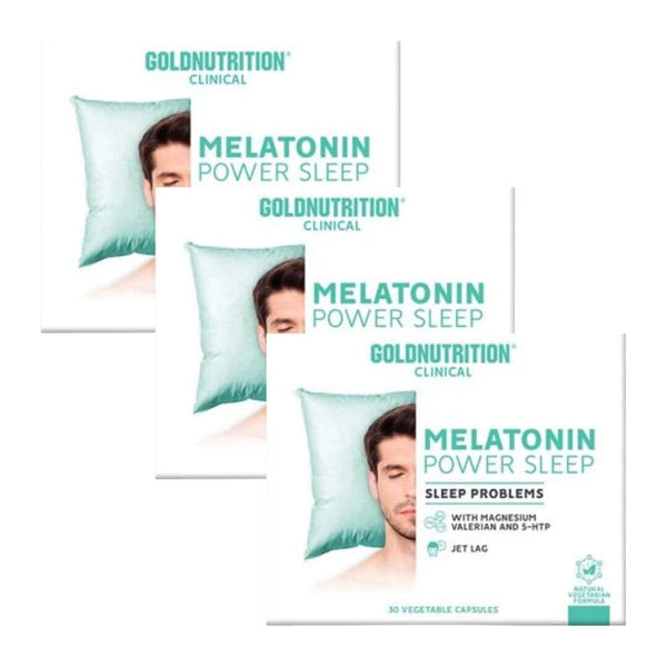 Melatonin Power Sleep 1,9 mg Gold Nutrition em pack de 3 embalagens com 30 cápsulas cada.
