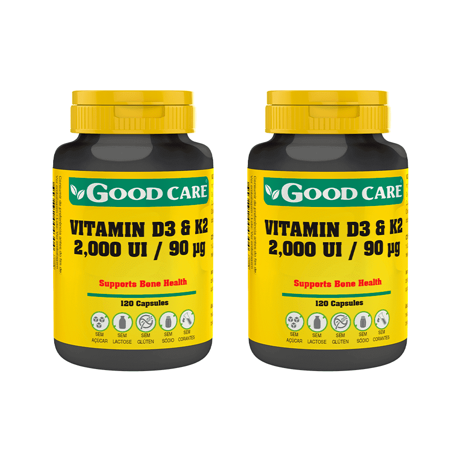 Vitamina D3 + K2 2000UI Good Care em pack de 2 embalagens, uma combinação para apoiar a manutenção de ossos normais.
