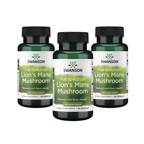 Cogumelo da Juba de Leão 500mg Pack 3 x 60 Cápsulas Swanson, suplemento alimentar com Hericium erinaceus para complementar a rotina de bem-estar cognitivo.