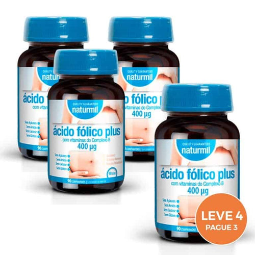 Ácido Fólico Plus 400 mcg Naturmil 90 comprimidos suplemento vitamina B9 gravidez pack leve 4 pague 3 