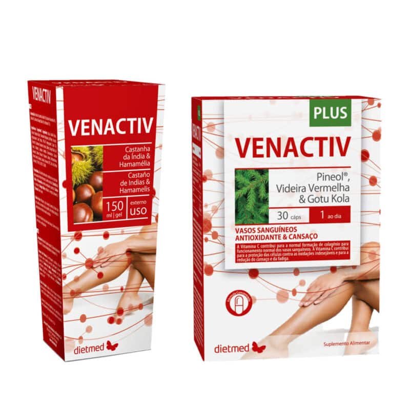 Venactiv Plus 30 Cápsulas + Venactiv Gel 150 ml Pack Dietmed, combinação de suplemento alimentar e gel para pernas cansadas e pesadas.
