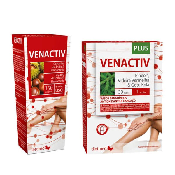 Venactiv Plus 30 Cápsulas + Venactiv Gel 150 ml Pack Dietmed, combinação de suplemento alimentar e gel para pernas cansadas e pesadas.
