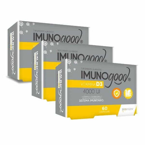 Complemento alimenticio Imunogood Vitamina D3 4000 UI Biokygen, paquete con 3 envases de 60 cápsulas cada uno.