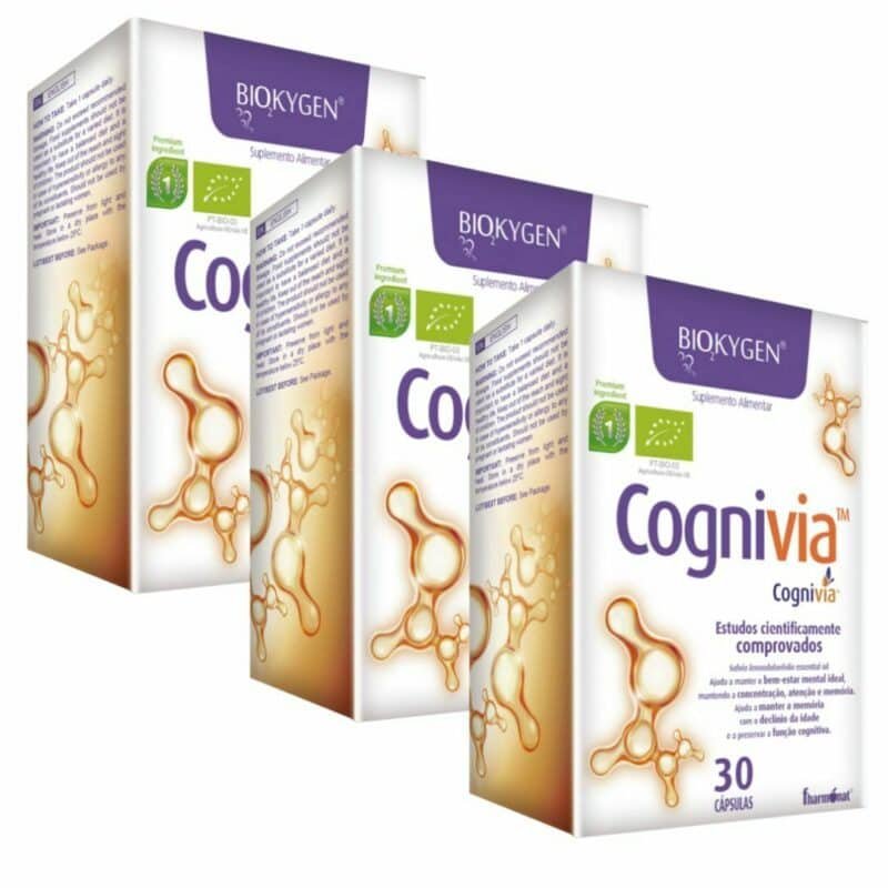 Cognivia Biokygen pack 3 x 30 cápsulas suplemento para memória concentração e desempenho cognitivo com extratos de sálvia para suporte do bem-estar mental.