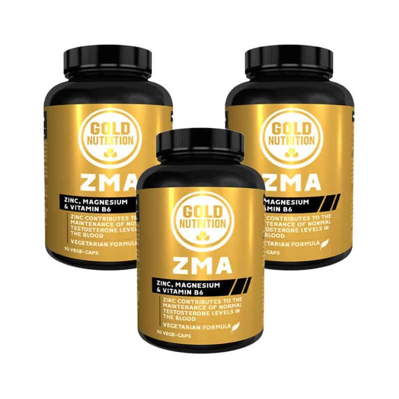 ZMA Pack 3 x 90 Cápsulas Gold Nutrition, suplemento com zinco, magnésio bisglicinato e vitamina B6 para apoio à recuperação muscular.
