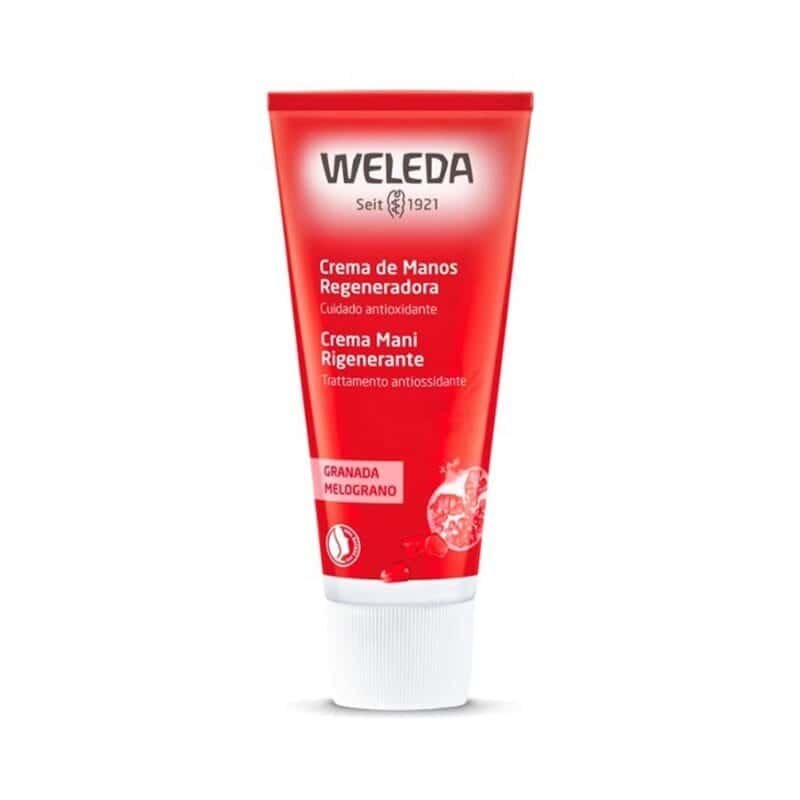 Pack Rosto e Corpo de Romã Weleda com creme de dia reafirmante, sérum facial, creme de mãos e óleo corporal regenerador.
