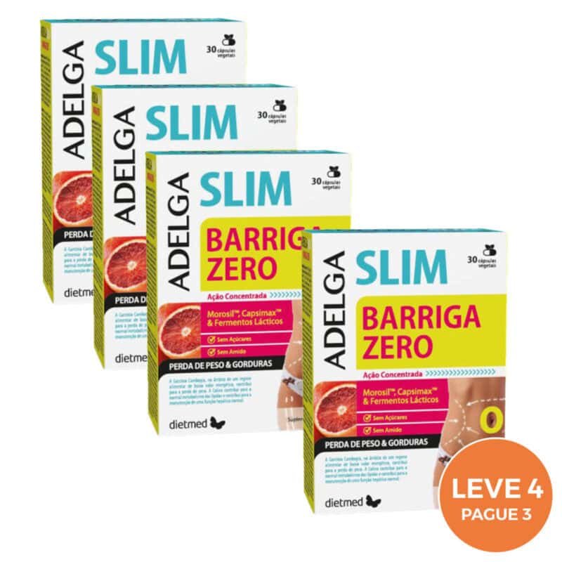 Adelgaslim Barriga Zero 30 Cápsulas Dietmed Leve 4 Pague 3, suplemento com Morosil, garcínia cambogia, Capsimax, SOD B Dimpless, probióticos, colina e crómio.
