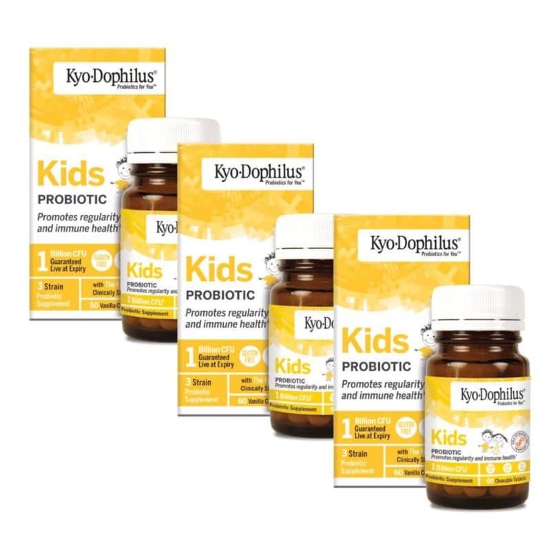 Kids Kyo Dophilus Pack 3 x 60 Comprimidos Mastigáveis Kyolic, suplemento alimentar probiótico infantil com sabor a baunilha.