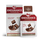 Endurance Caffeine Gel Chocolate Belga Vitafor em saquetas de 30 g, gel energético com cafeína para treinos de resistência e alta intensidade.
