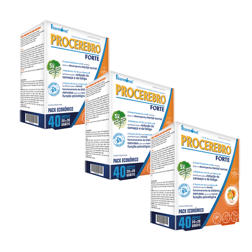 Procerebro Forte Pack Fharmonat suplemento para memória e concentração, de ação rápida que ajuda a reduzir o cansaço mental e apoiar o desempenho cognitivo.
