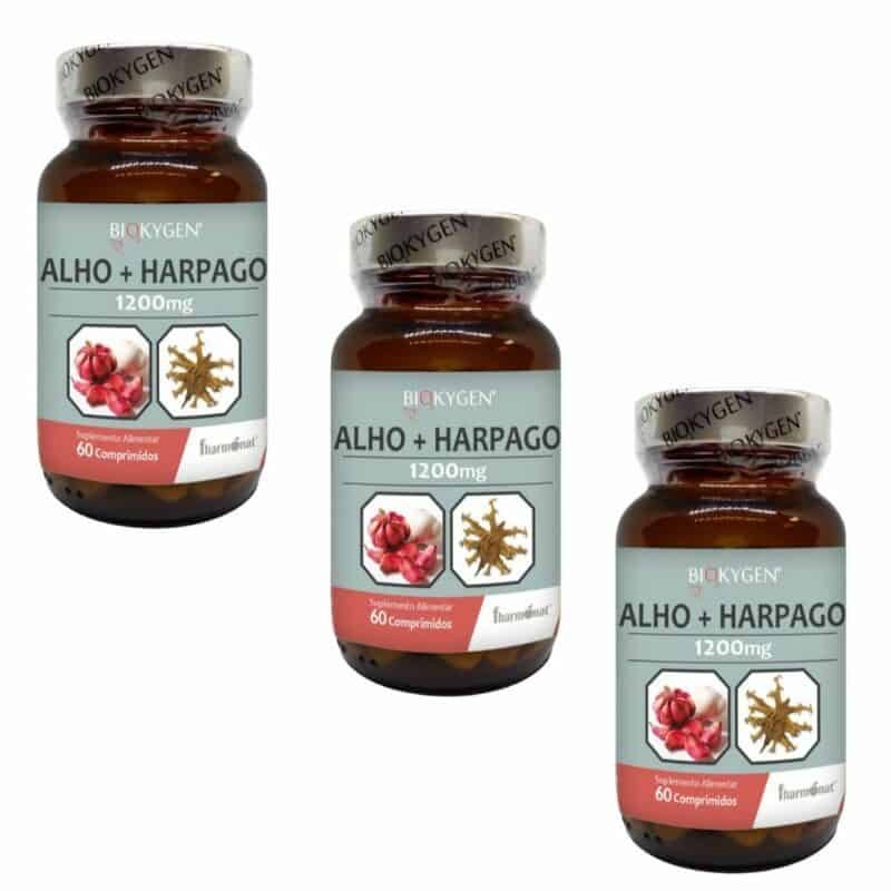 Biokygen Alho + Harpago Pack 3 x 60 Comprimidos Fharmonat, suplemento com hárpago, alho, curcuma e colagénio hidrolisado para apoio articular.
