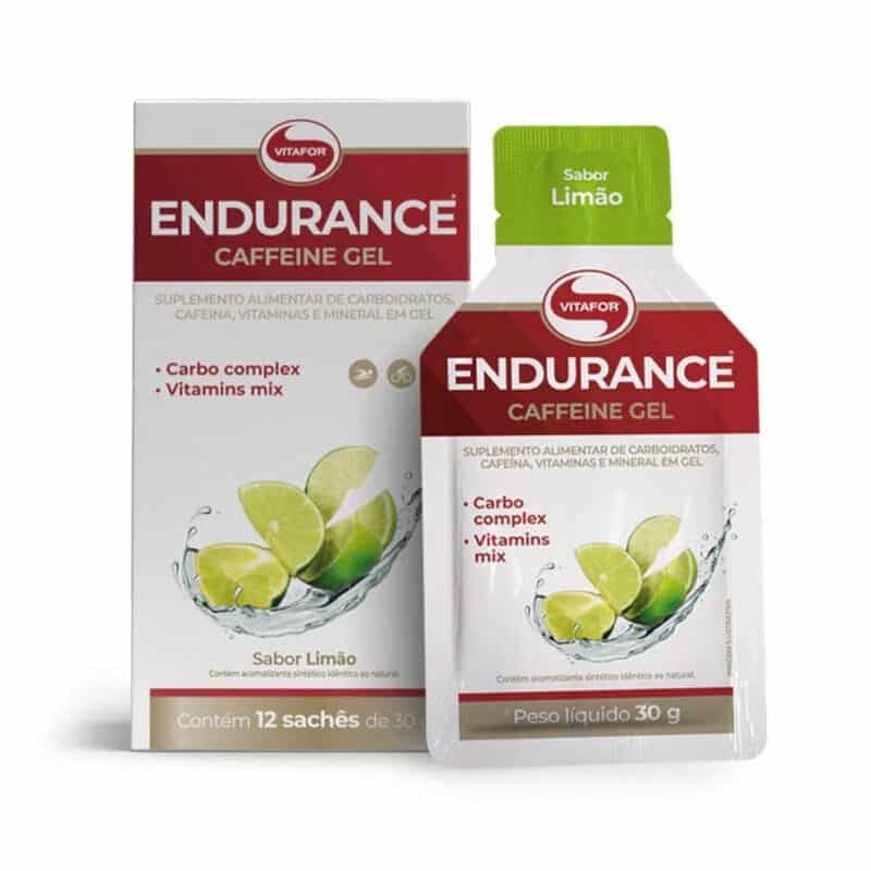 Endurance Caffeine Gel Limão 12 saquetas Vitafor, gel energético com cafeína para treinos de resistência e alta intensidade.
