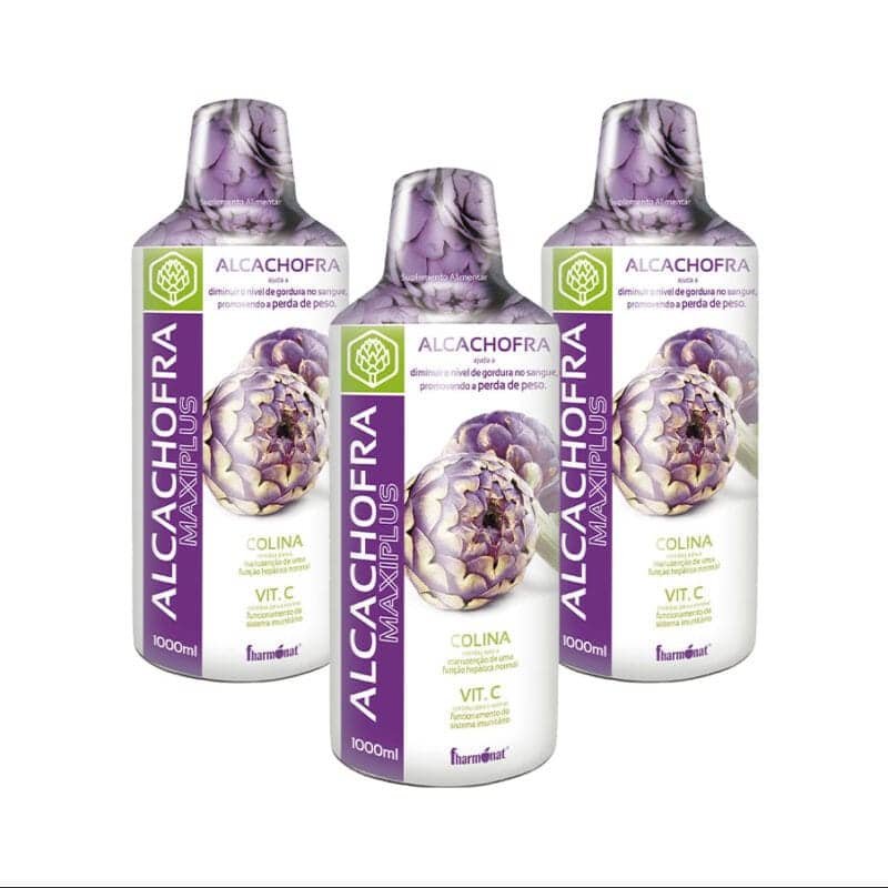 Alcachofra MaxiPlus Pack 3 x 1L Fharmonat, suplemento líquido com alcachofra, colina e vitamina C para apoio digestivo e hepático.
