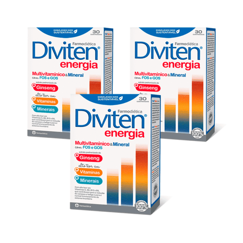 Diviten Energia Farmodiética pack com 3 embalagens de 30 comprimidos suplemento alimentar multivitamínico
