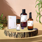 Conjunto Cuidado Corporal Lavanda Aromas do Valado, com sabão sólido, shampoo gel de duche, óleo corporal e óleo essencial.