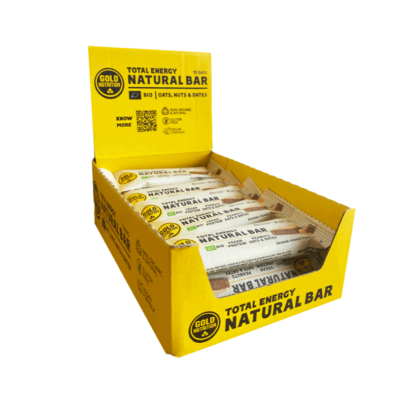 Total Energy Natural Vegan Bar Banana e Amendoim GoldNutrition, barra energética vegan de 35 g com tâmaras, aveia, banana e amendoim.
