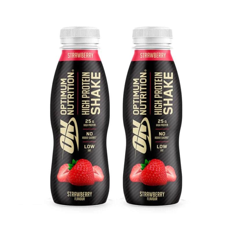 High Protein Shake Morango Pack 2 x 330ml Optimum Nutrition, bebida proteica pronta a consumir com 25 g de proteína por garrafa.