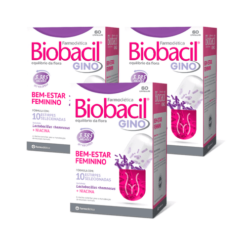 Biobacil Gino Farmodiética, paquete con 3 envases de 60 cápsulas cada uno, complemento alimenticio
