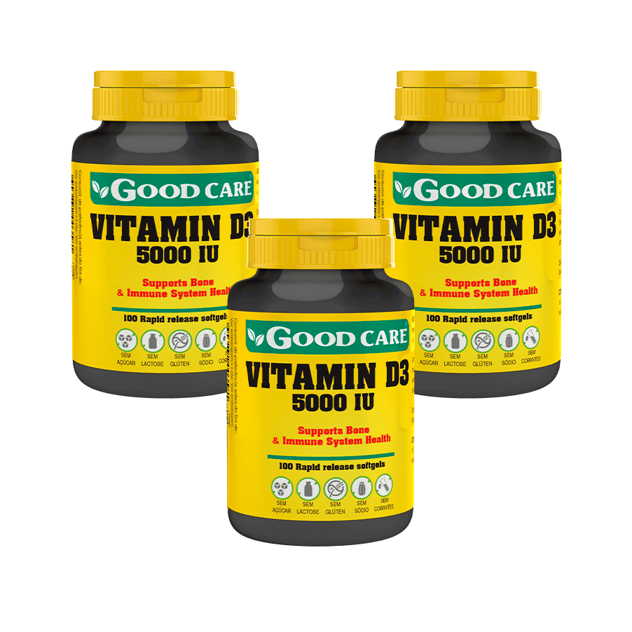 Vitamina D3 5000 IU Good Care Pack 3 x 100 cápsulas, suplemento alimentar com colecalciferol para a manutenção de ossos e função muscular normais e apoio ao sistema imunitário.
