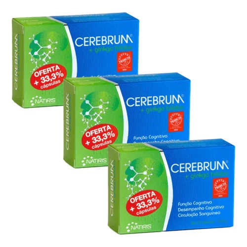 Paquete Cerebrum Ginkgo Biloba Natiris con 3 paquetes de 30 cápsulas más 10 cápsulas de complemento alimenticio

