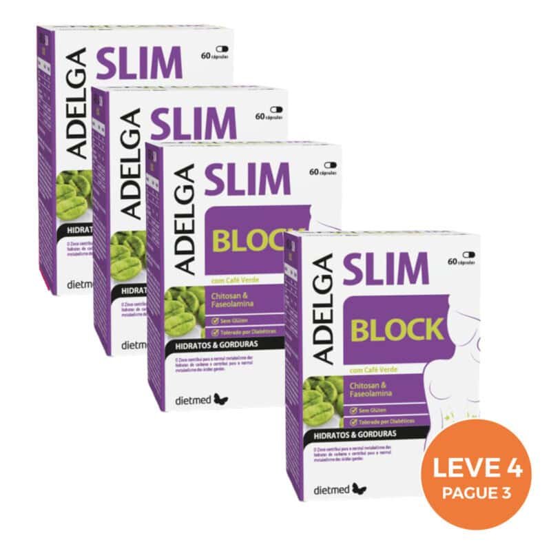 Adelgaslim Block 60 Cápsulas Dietmed Leve 4 Pague 3, suplemento com chitosan, faseolamina, café verde, vitamina B6, crómio e zinco.
