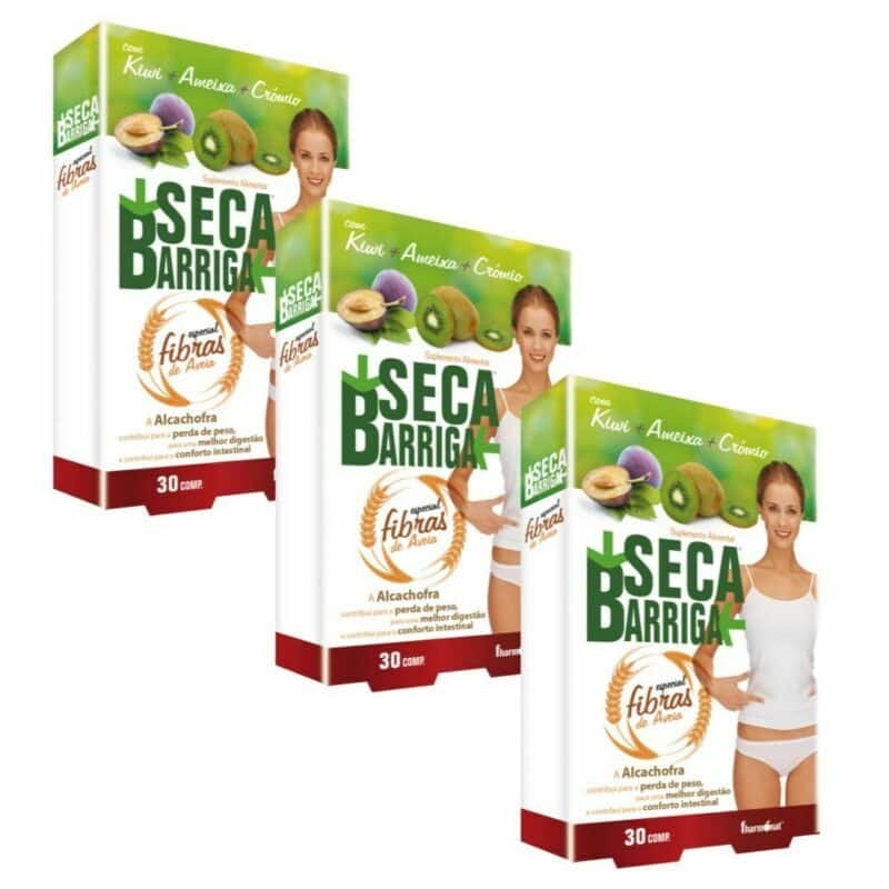 Seca Barriga Fibras Pack 3 x 30 cápsulas Fharmonat, suplemento alimentar com fibras de aveia, alcachofra, garcínia, sene, gengibre, kiwi e crómio.
