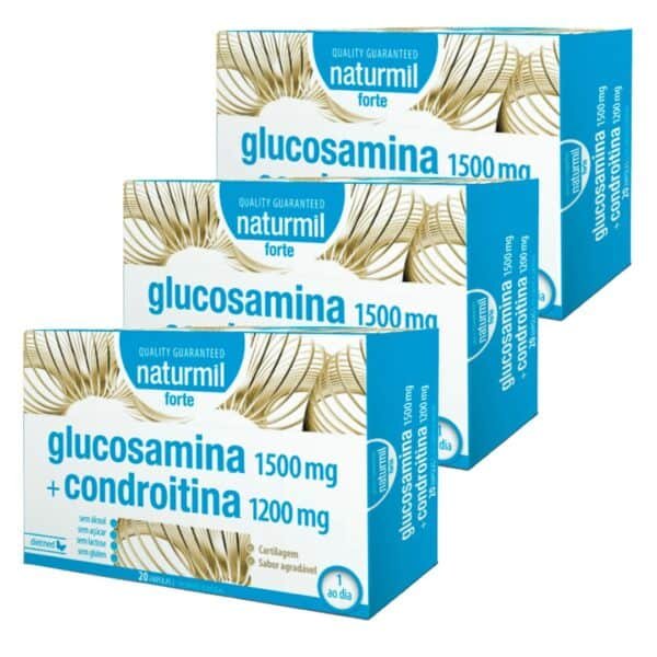 Pack Glucosamina 1500mg + Condroitina 1200mg Forte da Naturmil, 3 caixas com 20 ampolas cada, suplemento para a saúde das articulações