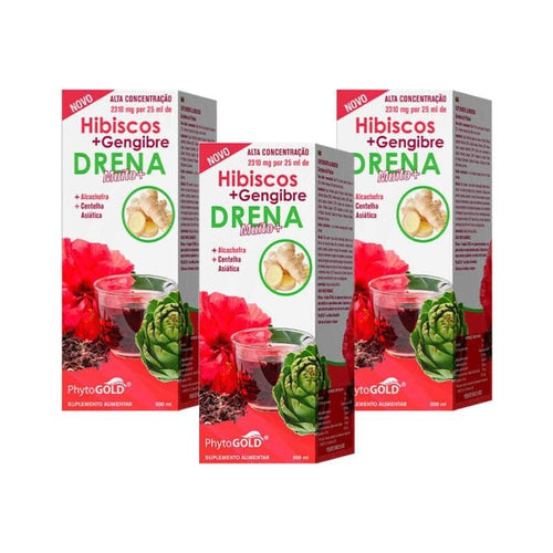 Drena Hibiscos + Gengibre Pack 3 x 500ml PhytoGold, suplemento alimentar líquido drenante com extratos vegetais.