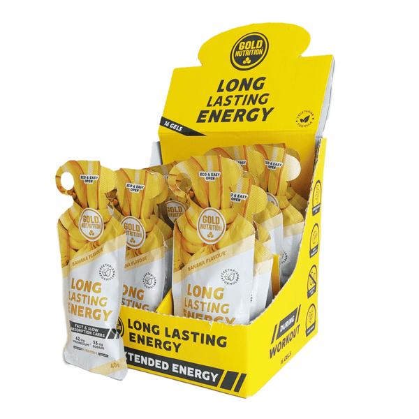 Alt Text:
Long Lasting Energy Gel Banana 40gr x 16 Gold Nutrition, gel energético com hidratos de carbono para treinos e provas de longa duração.
