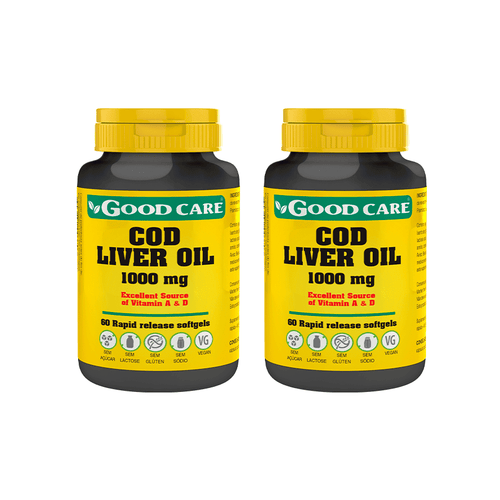Aceite de hígado de bacalao 1000 mg. Pack Good Care con 3 paquetes de 60 cápsulas blandas. Complemento alimenticio.