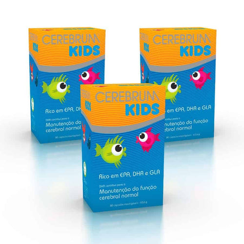 Cerebrum Kids Pack 3 x 80 cápsulas mastigáveis Natiris, suplemento infantil com ómega 3 e ómega 6 para apoiar a aprendizagem, concentração e coordenação.