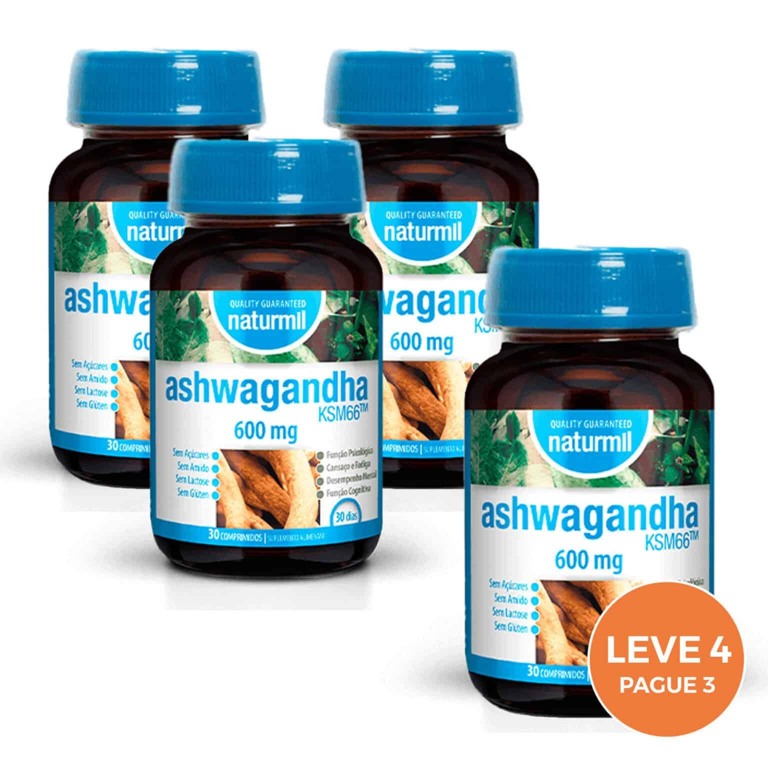 Ashwagandha KSM-66 600 mg Naturmil comprimidos suplemento alimentar para função psicológica, redução do cansaço e apoio ao desempenho mental e cognitivo
