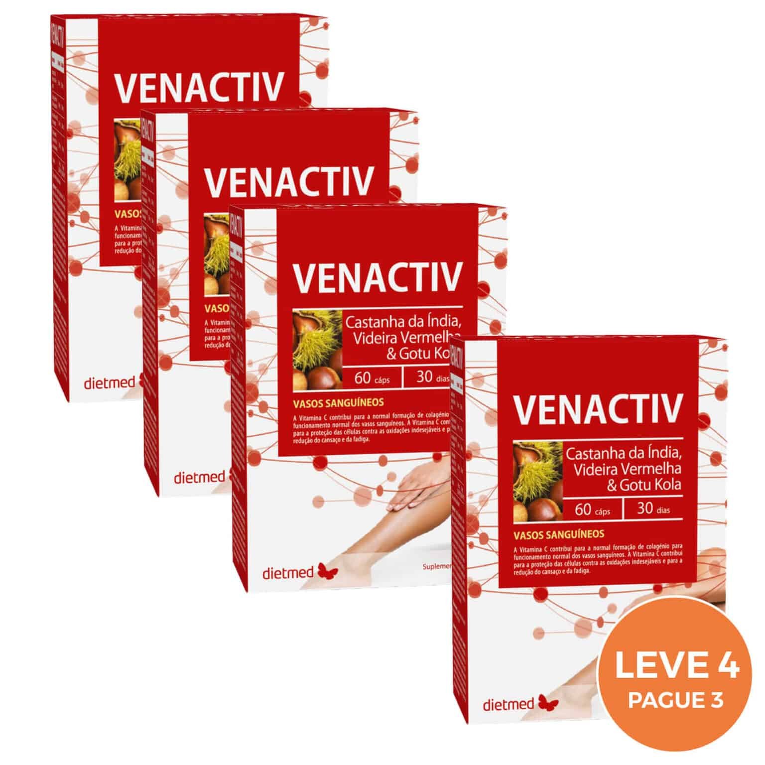 Venactiv 60 Cápsulas Dietmed pack Leve 4 Pague 3, suplemento alimentar com castanha-da-Índia, videira vermelha, gotu kola e ruscus.
