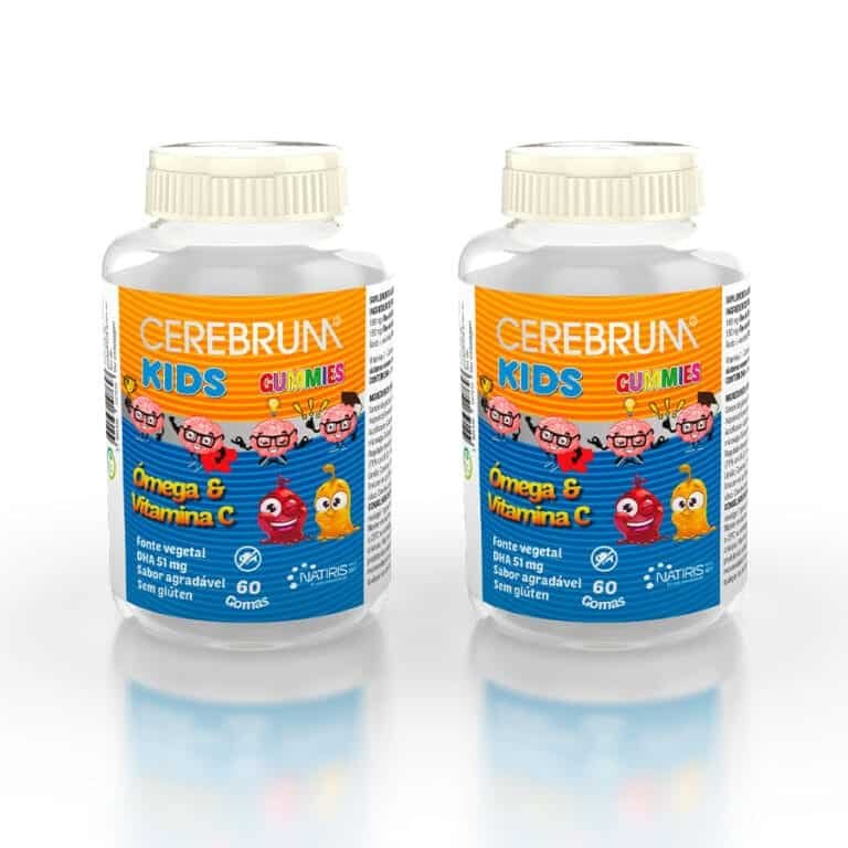 Embalagem dupla de Cerebrum Kids Gummies Pack 2 × 60 gomas vegetais sem glúten com DHA, ALA e vitamina C para crianças.