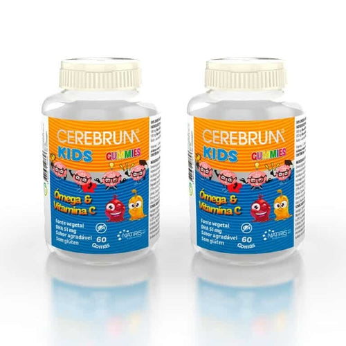 Embalagem dupla de Cerebrum Kids Gummies Pack 2 × 60 gomas vegetais sem glúten com DHA, ALA e vitamina C para crianças.