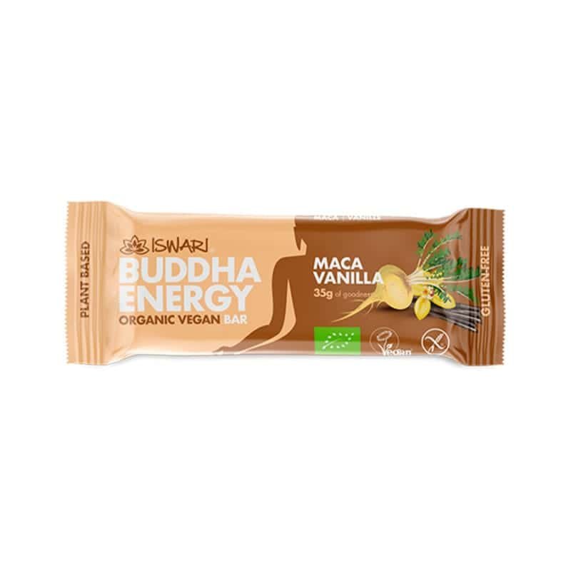 Buddha Energy Bar Maca Baunilha Pack 15 x 35gr Iswari, barras energéticas biológicas, vegan e sem glúten com maca, frutos secos e baunilha.

